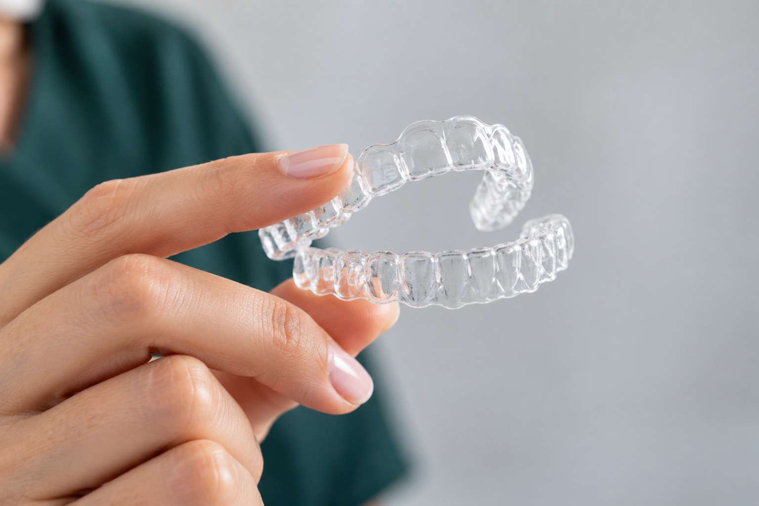 A hand holding a pair of clear aligners