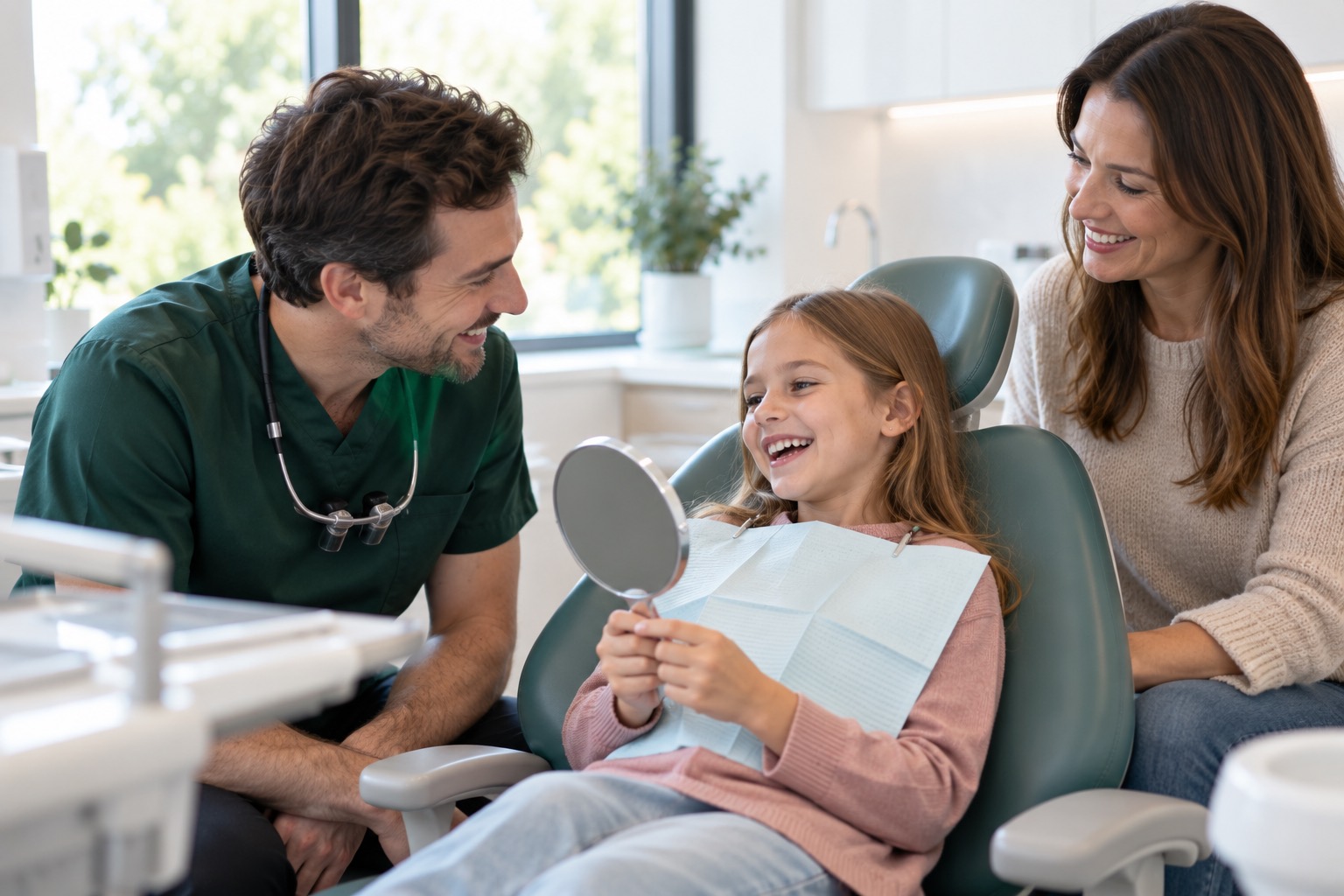 A child laughing in the dental chair with her mother beside her