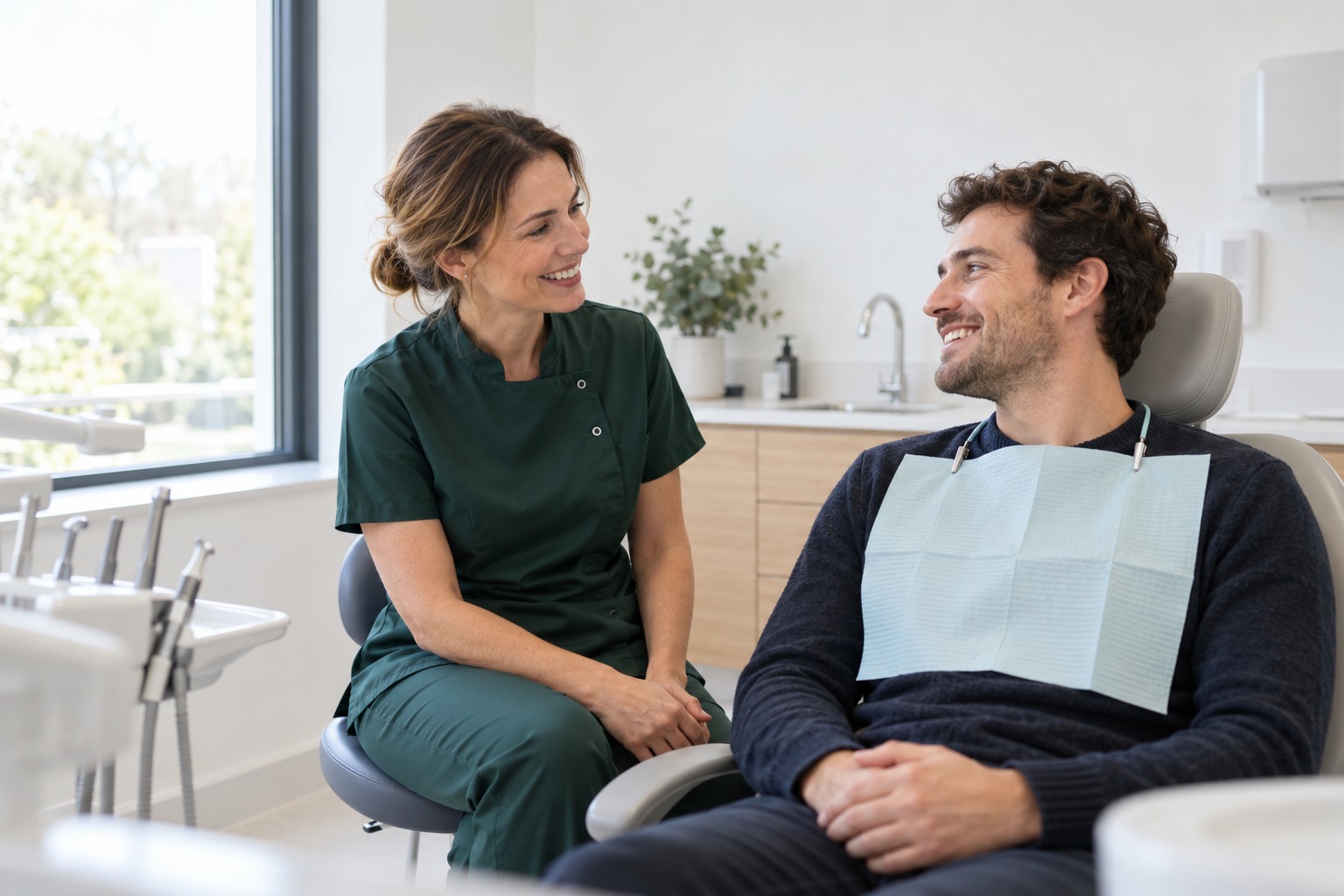 A dentist chatting with a relaxed patient before a check-up