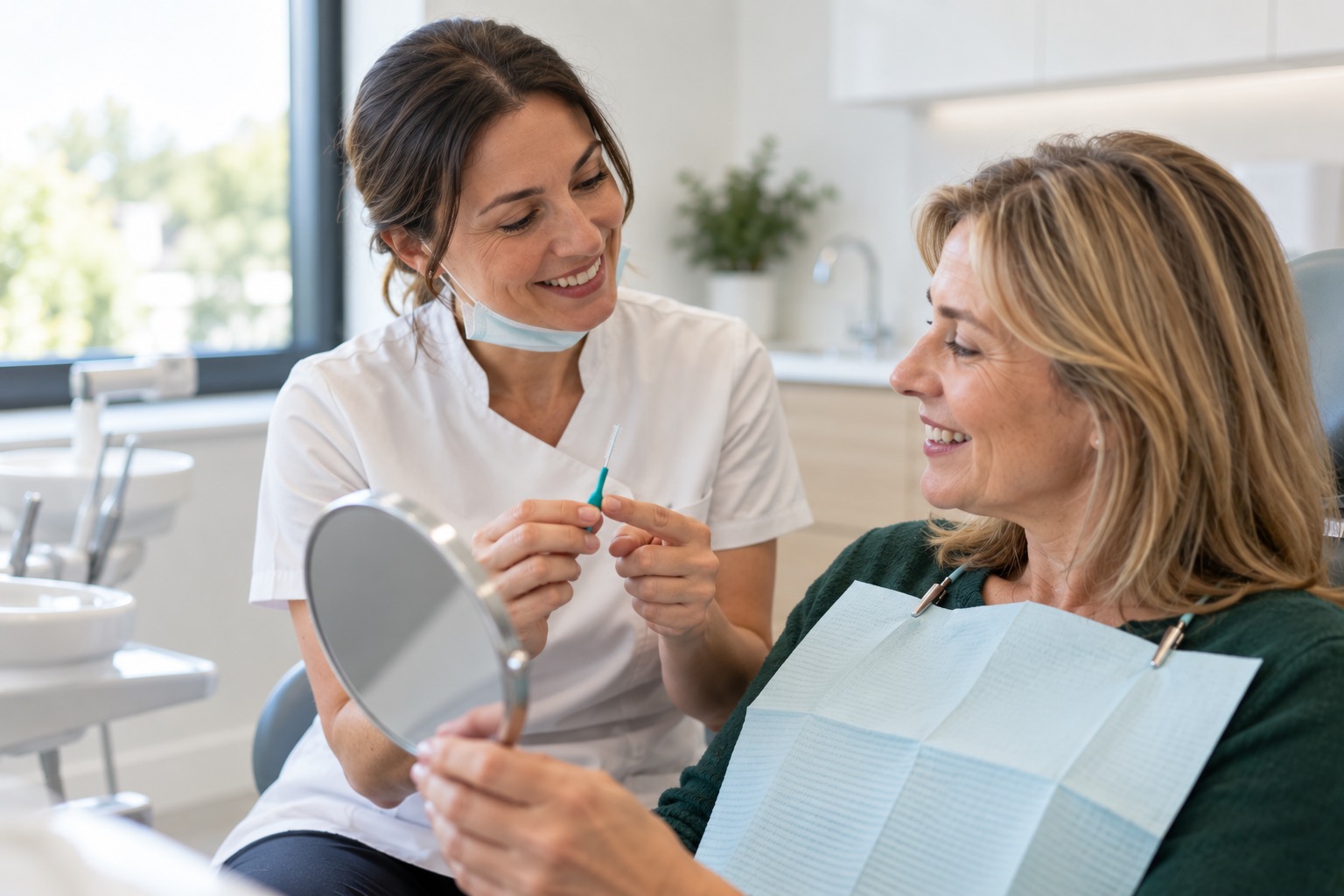 A hygienist showing a patient how to use an interdental brush