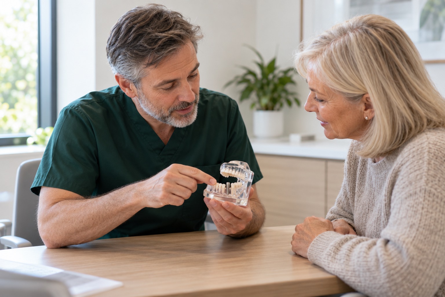A dentist explaining a dental implant to a patient using a jaw model