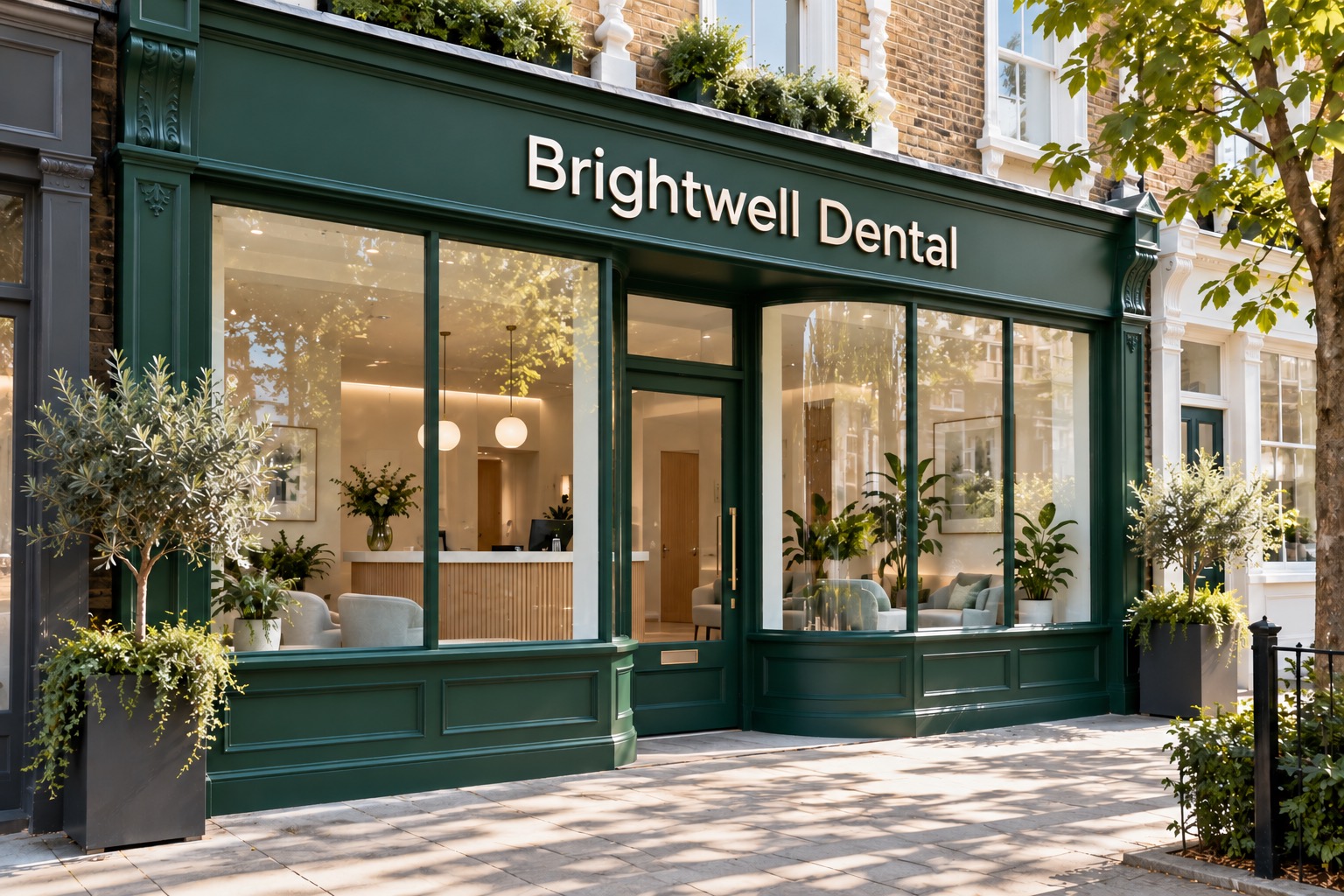 The deep green shopfront of Brightwell Dental on Barnet High Street