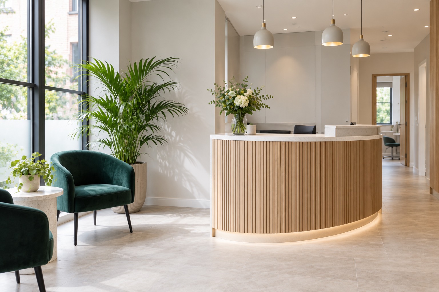 A calm, light reception with plants and green chairs
