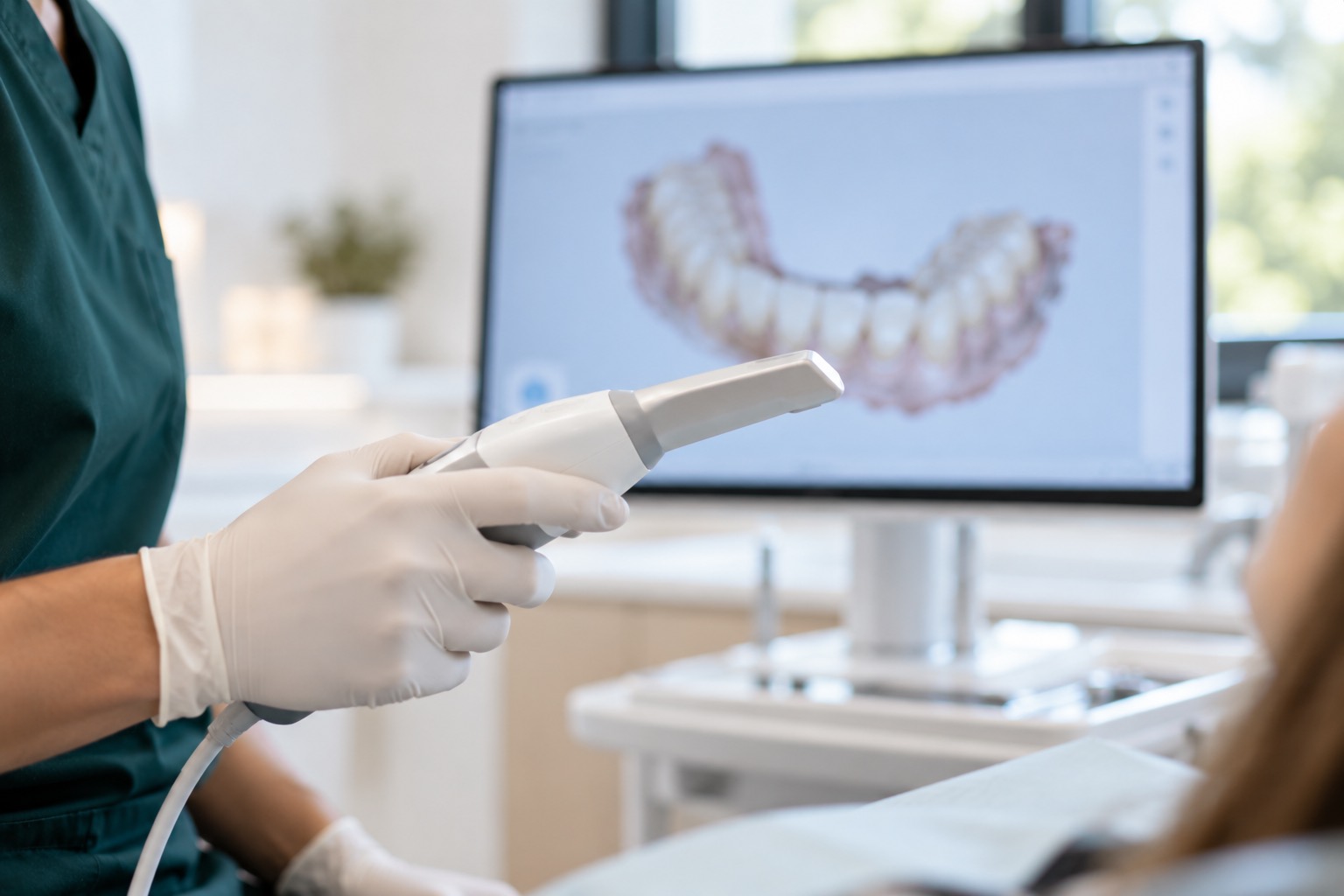 A dentist holding an intraoral scanner, with a 3D scan of teeth on screen
