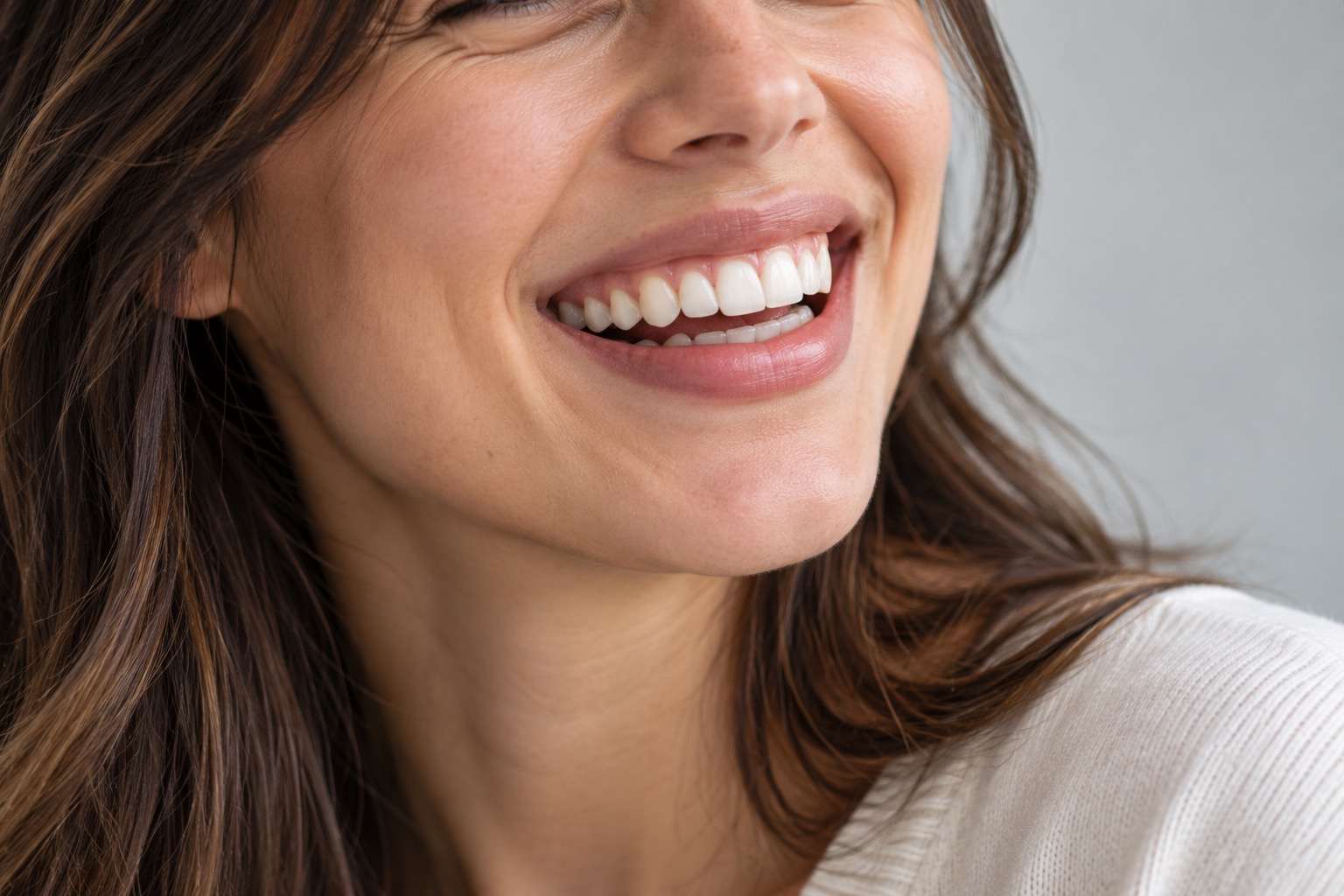 A woman laughing, showing natural white teeth